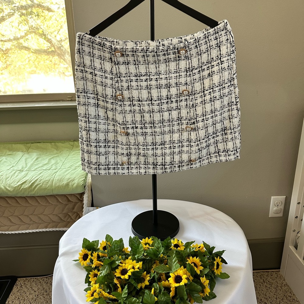 Sweaterworks Black & White Plaid Tweed Mini Skirt